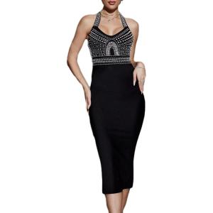 Elegant Beaded Halter Wedding Guest Dress Formal Evening Gowns Bandage Dress Bodycon Celebrity Club Party Dress(Black)