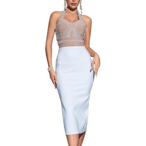 Elegant Beaded Halter Wedding Guest Dress Formal Evening Gowns Bandage Dress Bodycon Celebrity Club Party Dress(White)