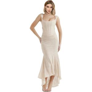 Elegant Lace Bodycon Fishtail Dress Fishbone Dress Shoulder Strap Ruched Midi Dress for Women(Beige)