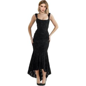 Elegant Lace Bodycon Fishtail Dress Fishbone Dress Shoulder Strap Ruched Midi Dress for Women(Black)