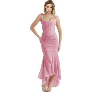 Elegant Lace Bodycon Fishtail Dress Fishbone Dress Shoulder Strap Ruched Midi Dress for Women(Pink)