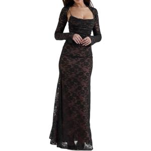 Elegant Lace Bodycon Fishtail Dress Ruched Dress Lace Up Back Ruched Midi Dress for Women(Black)