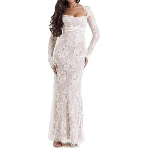 Elegant Lace Bodycon Fishtail Dress Ruched Dress Lace Up Back Ruched Midi Dress for Women(White)