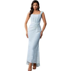 Elegant Lace Bodycon Fishtail Dress Wedding Guest Fishbone Shoulder Strap Ruched Midi Party Dress for Women(A-lightblue)