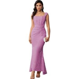 Elegant Lace Bodycon Fishtail Dress Wedding Guest Fishbone Shoulder Strap Ruched Midi Party Dress for Women(Purple)