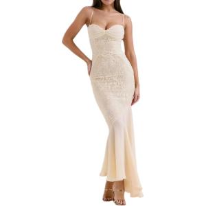 Elegant Mesh Wedding Guest Dress Flowy Ruffle Bodycon Maxi Dress Fishtail Long Formal Dress(A-offwhite)