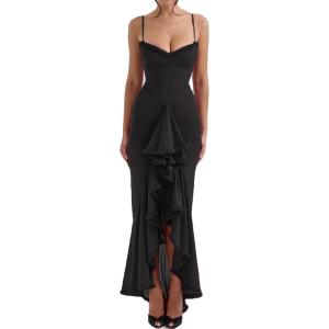 Elegant Mesh Wedding Guest Dress Flowy Ruffle Bodycon Maxi Dress Fishtail Long Formal Dress(B-black)