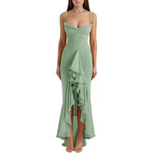 Elegant Mesh Wedding Guest Dress Flowy Ruffle Bodycon Maxi Dress Fishtail Long Formal Dress(B-lightgreen)