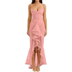 Elegant Mesh Wedding Guest Dress Flowy Ruffle Bodycon Maxi Dress Fishtail Long Formal Dress(B-lightpink)