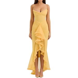 Elegant Mesh Wedding Guest Dress Flowy Ruffle Bodycon Maxi Dress Fishtail Long Formal Dress(B-yellow)