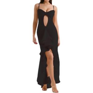 Elegant Mesh Wedding Guest Dress Summer Bodycon Cut Out Cocktail Maxi Fishtail Long Formal Dress(A-black)