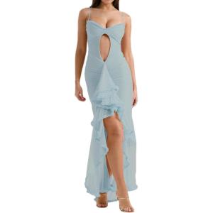 Elegant Mesh Wedding Guest Dress Summer Bodycon Cut Out Cocktail Maxi Fishtail Long Formal Dress(A-blue)