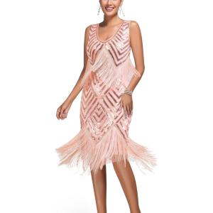 Flapper Dresses 1920s Gastby Sequin Dress for Women Tassels Party Night Cocktail(T-pink)