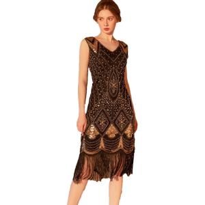 Flapper Dresses 1920s Gastby Sequin Dress for Women Tassels Party Night Cocktail(U-black)