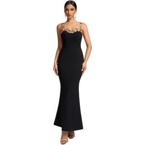 Halter Floral Embroidered Dress Lace Up Tight Package Hip Vacation Evening Gowns(Black)