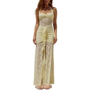 Hanging Lace Long Sleeveless Backless Slim Home Coming Holiday Bridesmaid Dresses(Yellow)