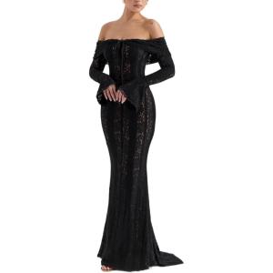 Lace Dress Sexy Black Off Shoulder Dress High Waist Wedding Trailing Long Dresses(B-black)