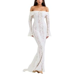 Lace Dress Sexy Black Off Shoulder Dress High Waist Wedding Trailing Long Dresses(B-white)