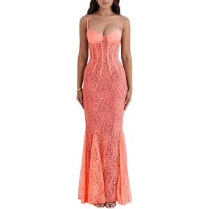 Lace Dress Slim Halter Sexy Fashion Lace Backless Maxi Seaside Graduation Dresses(B-orange)