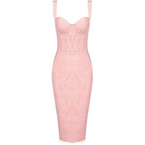 Lace Fishbone Midi Cocktail Party Bandage Dress for Women Back Slit Wedding Guest Dress(A-pink(bandage))