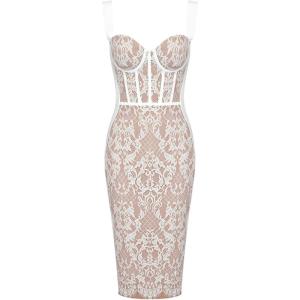 Lace Fishbone Midi Cocktail Party Bandage Dress for Women Back Slit Wedding Guest Dress(A-white(bandage))