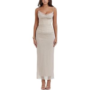 Lace Halter Slim Long Dresses Sexy Mesh Busty Waist Wrap Hip Party Corset Dresses(B-grey)