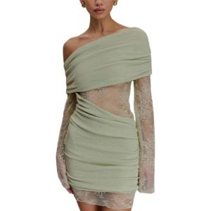 Lace Knit Mini Dress Patchwork One Shoulder Cutout Hottie Knit Home Coming Short Dresses(Green)