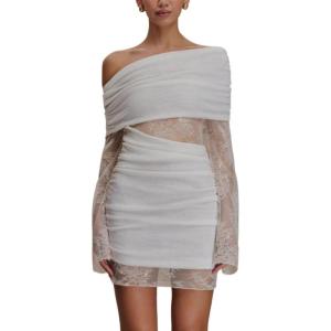 Lace Knit Mini Dress Patchwork One Shoulder Cutout Hottie Knit Home Coming Short Dresses(White)
