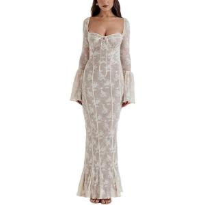 Lace Maxi Dress Sheath Long Backless Bag Hip Long Flared Sleeve Dresses(White2)