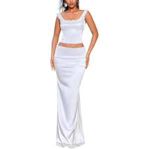 Lace Maxi Dress with Sleeveless Back-Tie Top Exquisite Elegant Fitted Train Evening Gown Set(White)