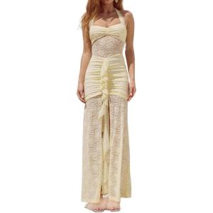 Lace Neck Dress Pleated Sexy Backless Bag Hip Resort Style See Through Maxi Dresses(Yellow)