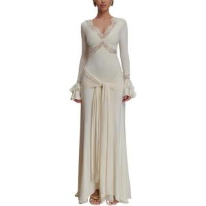 Lace V-Neck Long-Sleeved Dress with Patchwork Details Casual Autumn/Winter Maxi Dress(White)