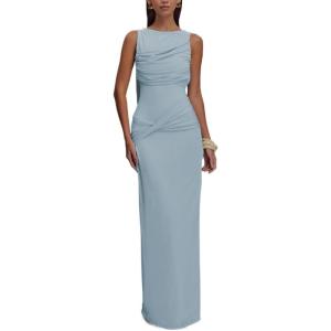 Mesh Maxi Dress Round Neck Backless Pleated Sleeveless Split Slim Evening Gowns(Blue)