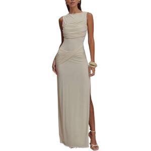 Mesh Maxi Dress Round Neck Backless Pleated Sleeveless Split Slim Evening Gowns(White)
