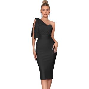 Mesh One Shoulder Bow Bodycon Midi Graduation Birthday Dinner Dress Bandage Party Dress(A-black)