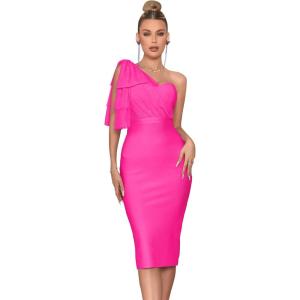 Mesh One Shoulder Bow Bodycon Midi Graduation Birthday Dinner Dress Bandage Party Dress(A-hotpink)