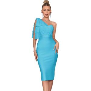Mesh One Shoulder Bow Bodycon Midi Graduation Birthday Dinner Dress Bandage Party Dress(A-skyblue)