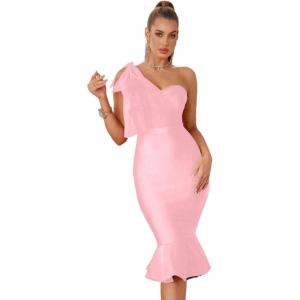 Mesh One Shoulder Bow Midi Dress Fishtail Bandage Cocktail Party Wedding Bridesmaid Evening Gown(A-pink)