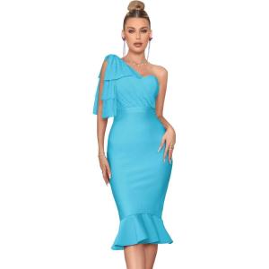 Mesh One Shoulder Bow Midi Dress Fishtail Bandage Cocktail Party Wedding Bridesmaid Evening Gown(A-skyblue)