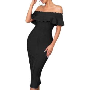 Off Shoulder Bandage Dresses for Women Wedding Guest Party Midi Formal Gowns Evening Dress(A-black)