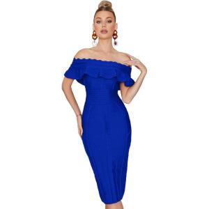 Off Shoulder Bandage Dresses for Women Wedding Guest Party Midi Formal Gowns Evening Dress(A-blue)