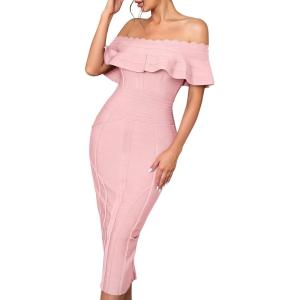Off Shoulder Bandage Dresses for Women Wedding Guest Party Midi Formal Gowns Evening Dress(A-pink2)