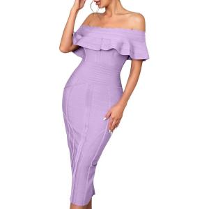 Off Shoulder Bandage Dresses for Women Wedding Guest Party Midi Formal Gowns Evening Dress(A-purple)
