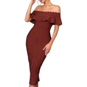 Off Shoulder Bandage Dresses for Women Wedding Guest Party Midi Formal Gowns Evening Dress(A-tan)