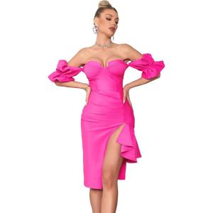 Off Shoulder Dress for Women Sexy Midi Bandage Dress with Slit Bodycon Cocktail Party Dress(Rose)