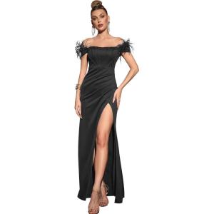 Off Shoulder with Feather Dress Sleeveless Long Dress Prom Dress High Slit Mermaid Formal Evening Gown(Black)