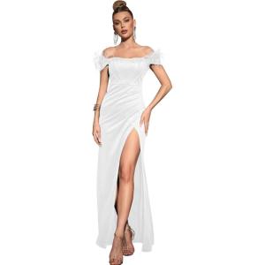 Off Shoulder with Feather Dress Sleeveless Long Dress Prom Dress High Slit Mermaid Formal Evening Gown(White)
