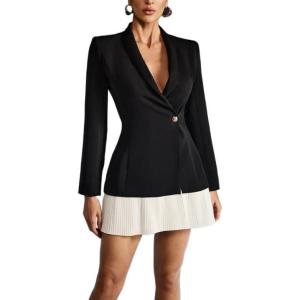 Pleated Blazer Mini Dress V-Neck Mature-Chic Workwear Skirt(Black)