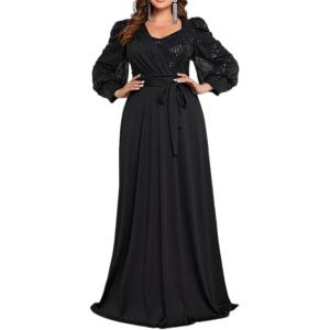 Plus Size Formal Evening Gowns Lantern Long Sleeve Party Dress Elegant Sequins Long Dress(A-black)