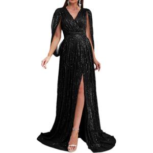 Plus Size Sequins Dress Flare Sleeve V Neck Maxi Dress Side Split Formal Prom Eevening Gowns(A-black)